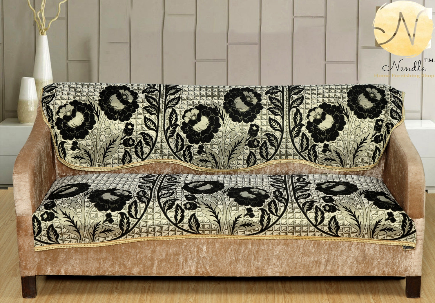 Nendle Poly Cotton Sofa Cover Set of 3+1+1 (Black, 5 Seater)