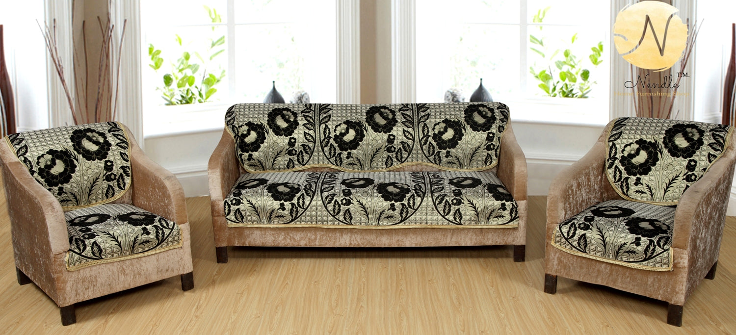 Nendle Poly Cotton Sofa Cover Set of 3+1+1 (Black, 5 Seater)