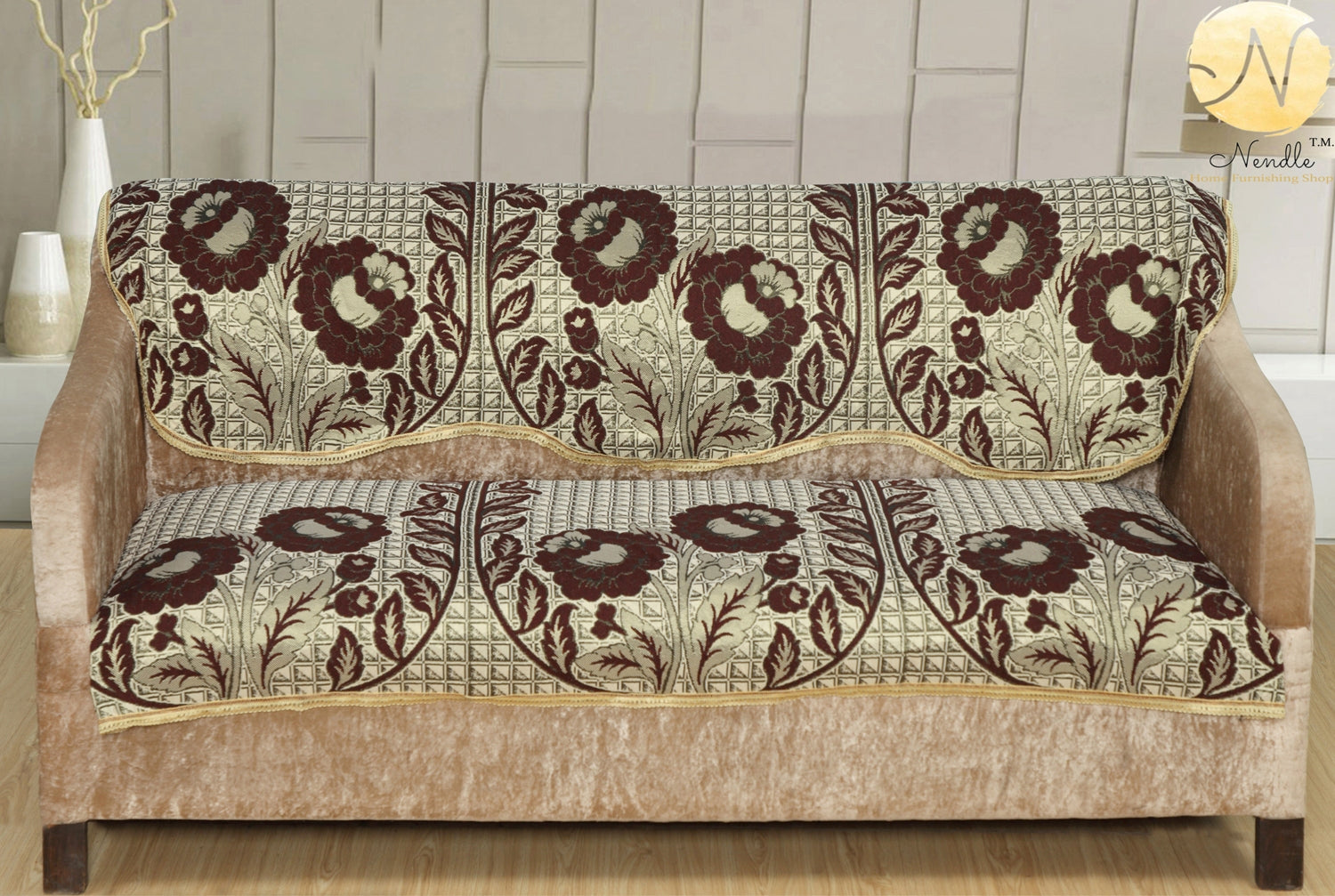 Nendle Poly Cotton Sofa Cover Set of 3+1+1 (Brown, 5 Seater)