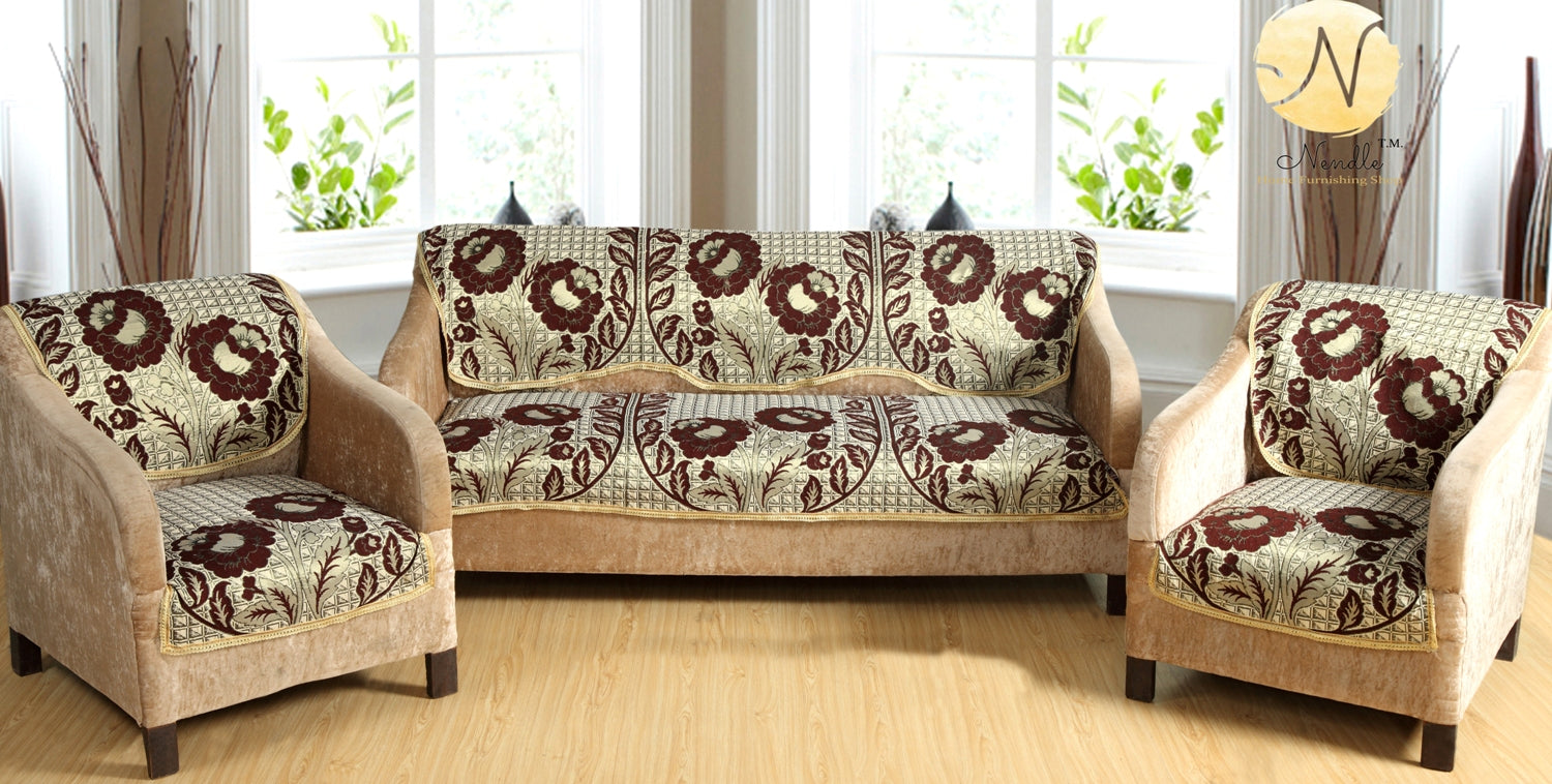 Nendle Poly Cotton Sofa Cover Set of 3+1+1 (Brown, 5 Seater)