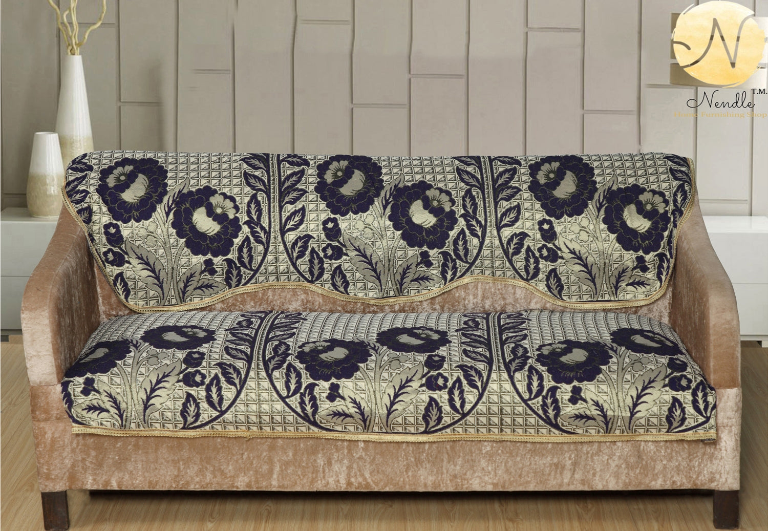 Nendle Poly Cotton Sofa Cover Set of 3+1+1 (Purple, 5 Seater)