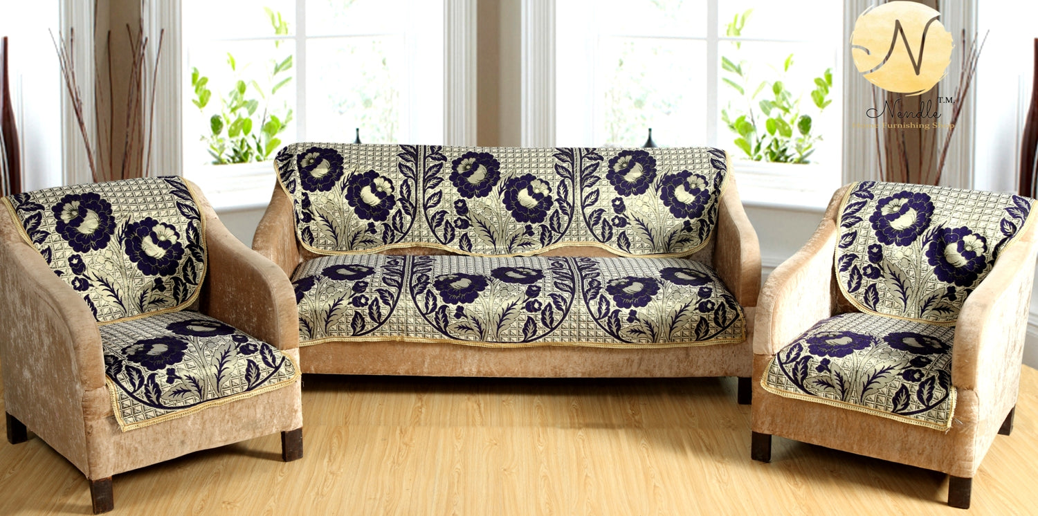 Nendle Poly Cotton Sofa Cover Set of 3+1+1 (Purple, 5 Seater)