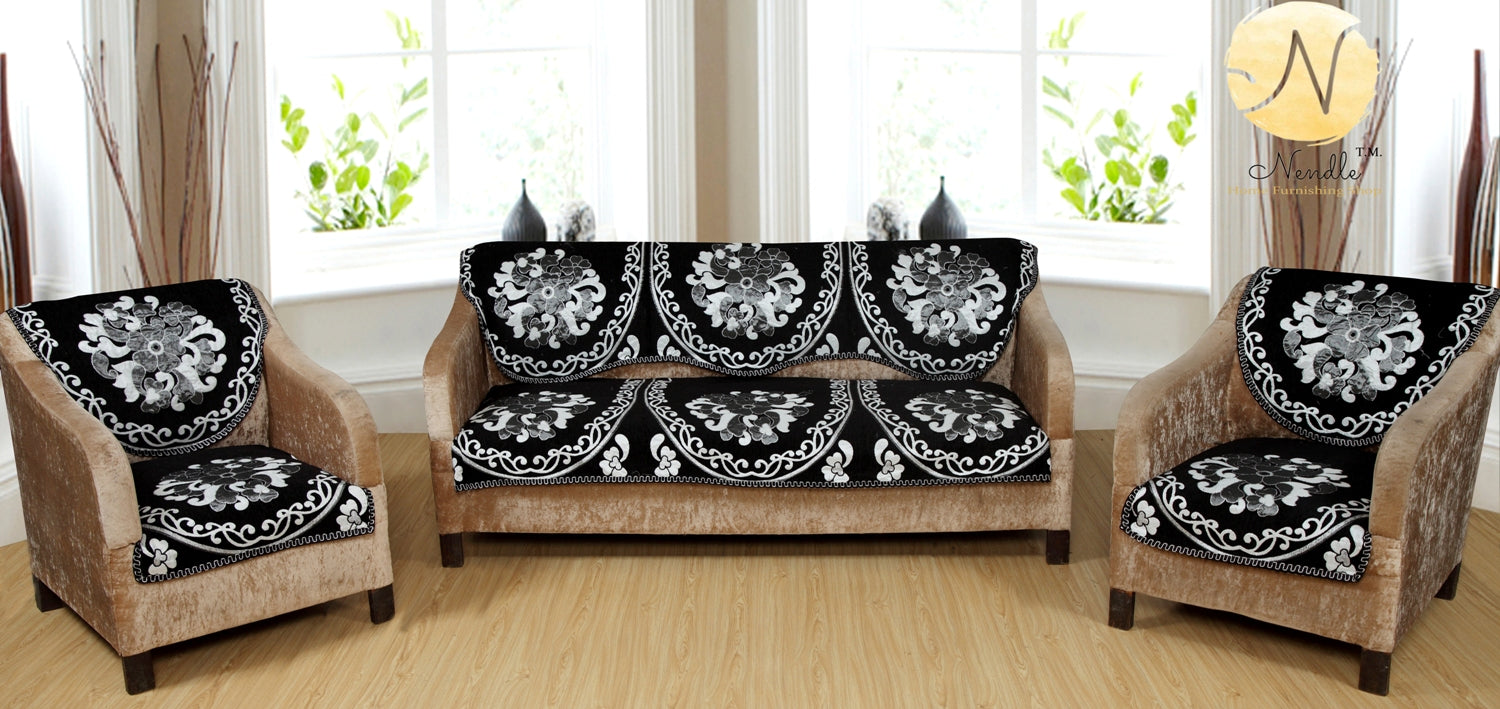 Nendle Floral Design Chenille 5 Seater Sofa Covers Set (Black, Set of 6 Pieces)