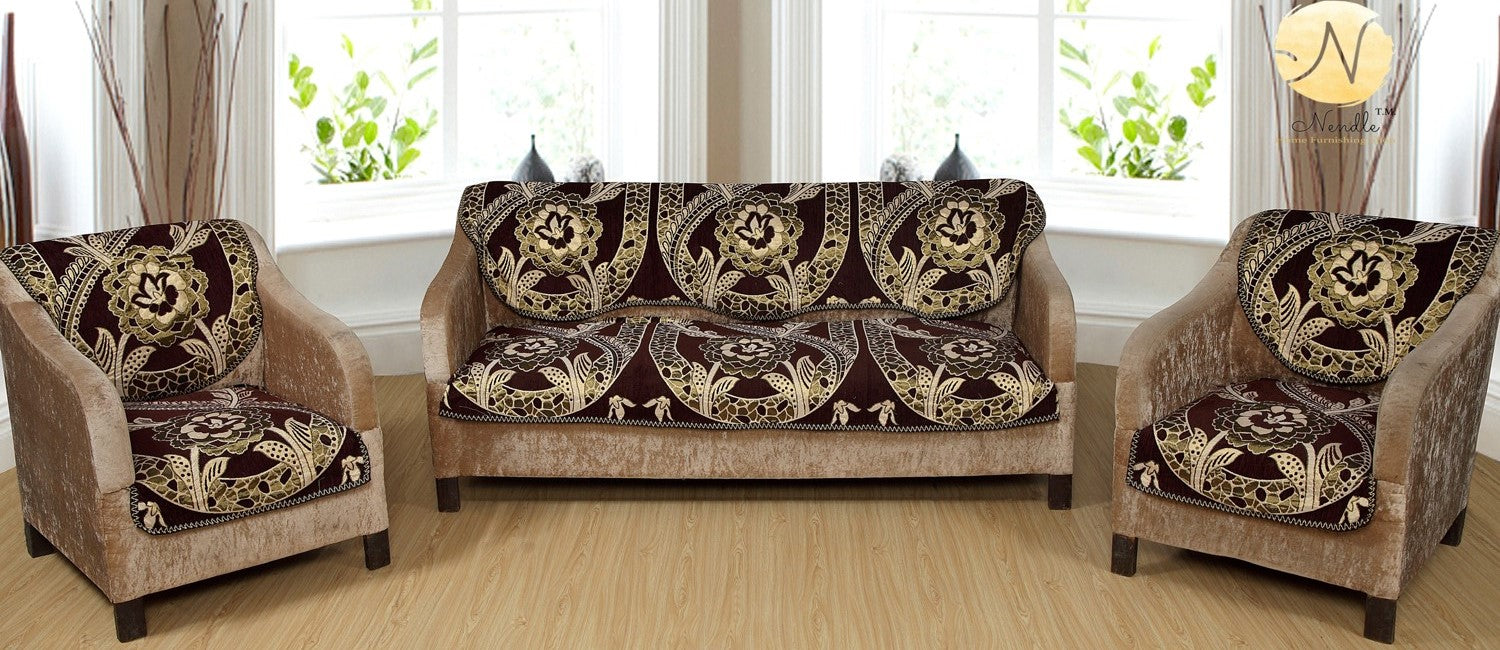 Nendle Floral Design Chenille 5 Seater Sofa Covers Set (Brown, Set of 6 Pieces)
