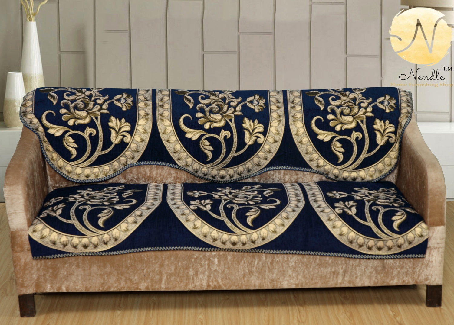 Nendle Floral Design Chenille 5 Seater Sofa Covers Set (Navy Blue, Set of 6 Pieces)