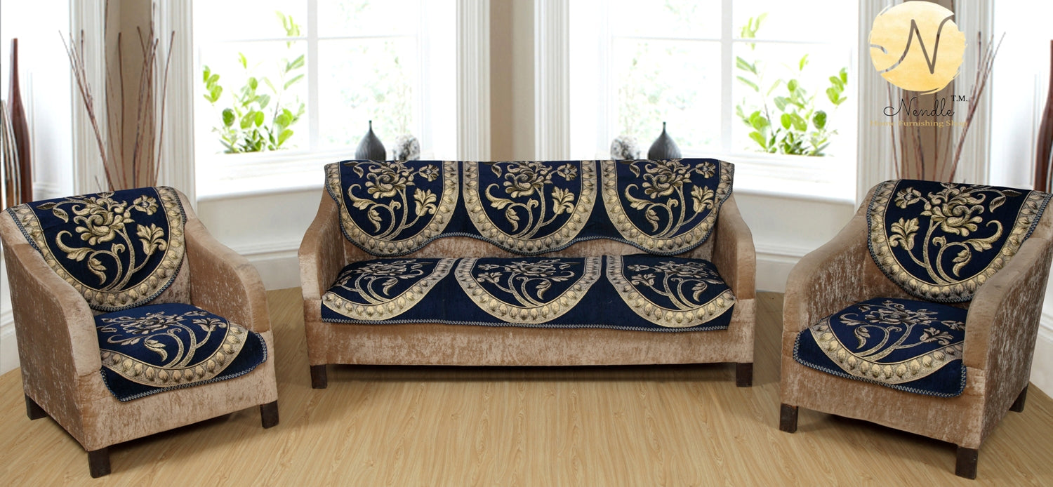 Nendle Floral Design Chenille 5 Seater Sofa Covers Set (Navy Blue, Set of 6 Pieces)