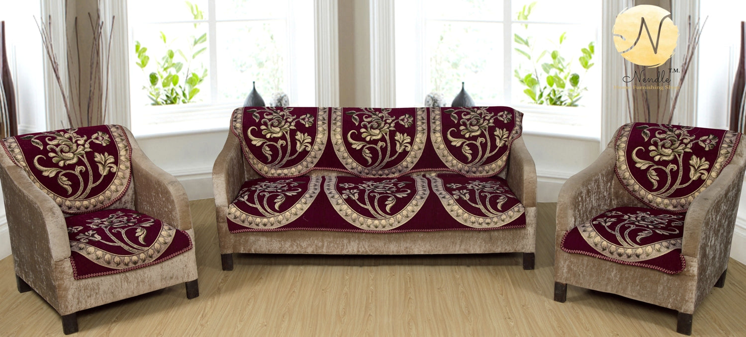 Nendle Floral Design Chenille 5 Seater Sofa Covers Set (Maroon, Set of 6 Pieces)