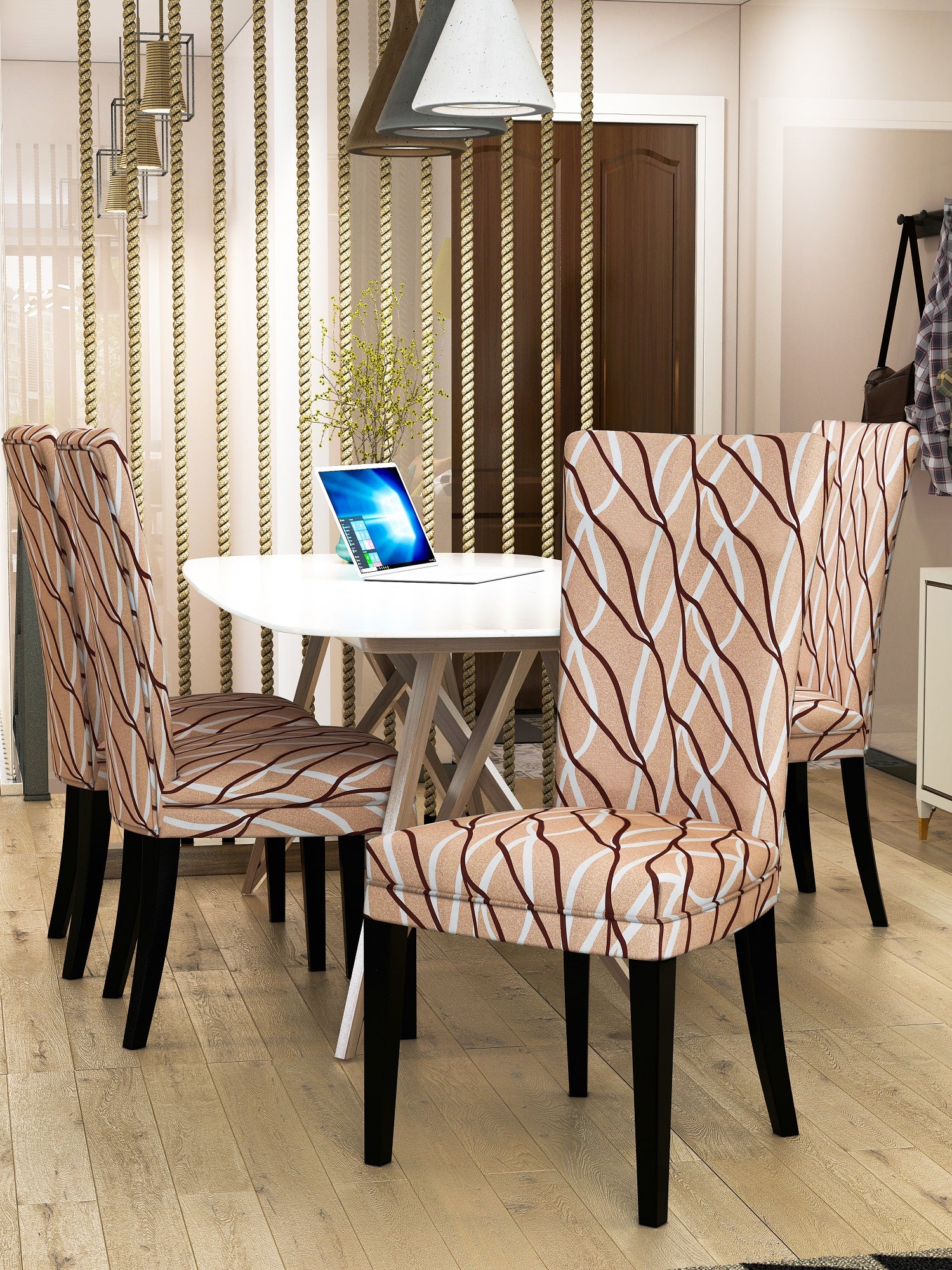 Nendle Elastic/High Stretchable Chair Covers for 4 Seater Dining/Center Table Chairs (4 Pieces, Beige Stripe)