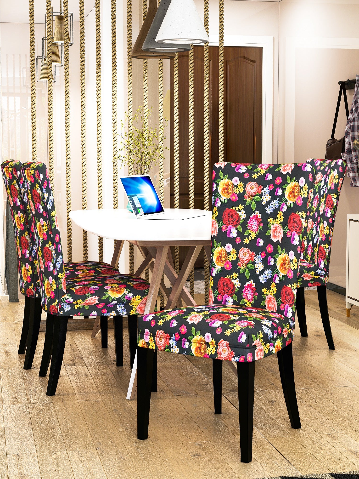 Nendle Elastic/High Stretchable Chair Covers for 4 Seater Dining/Center Table Chairs (4 Pieces, Multi Flowers)