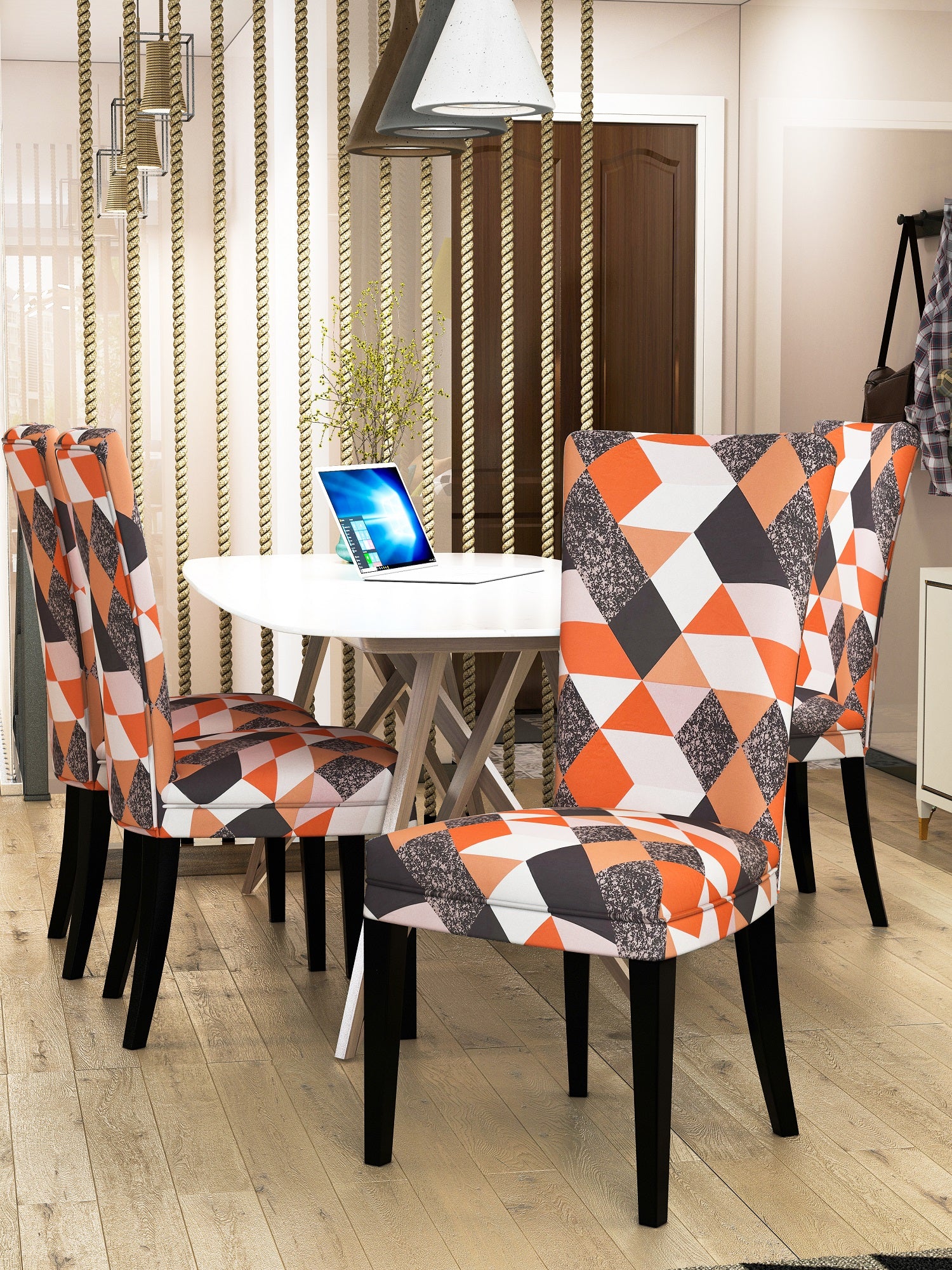 Nendle Elastic/High Stretchable Chair Covers for 4 Seater Dining/Center Table Chairs (4 Pieces, Orange)