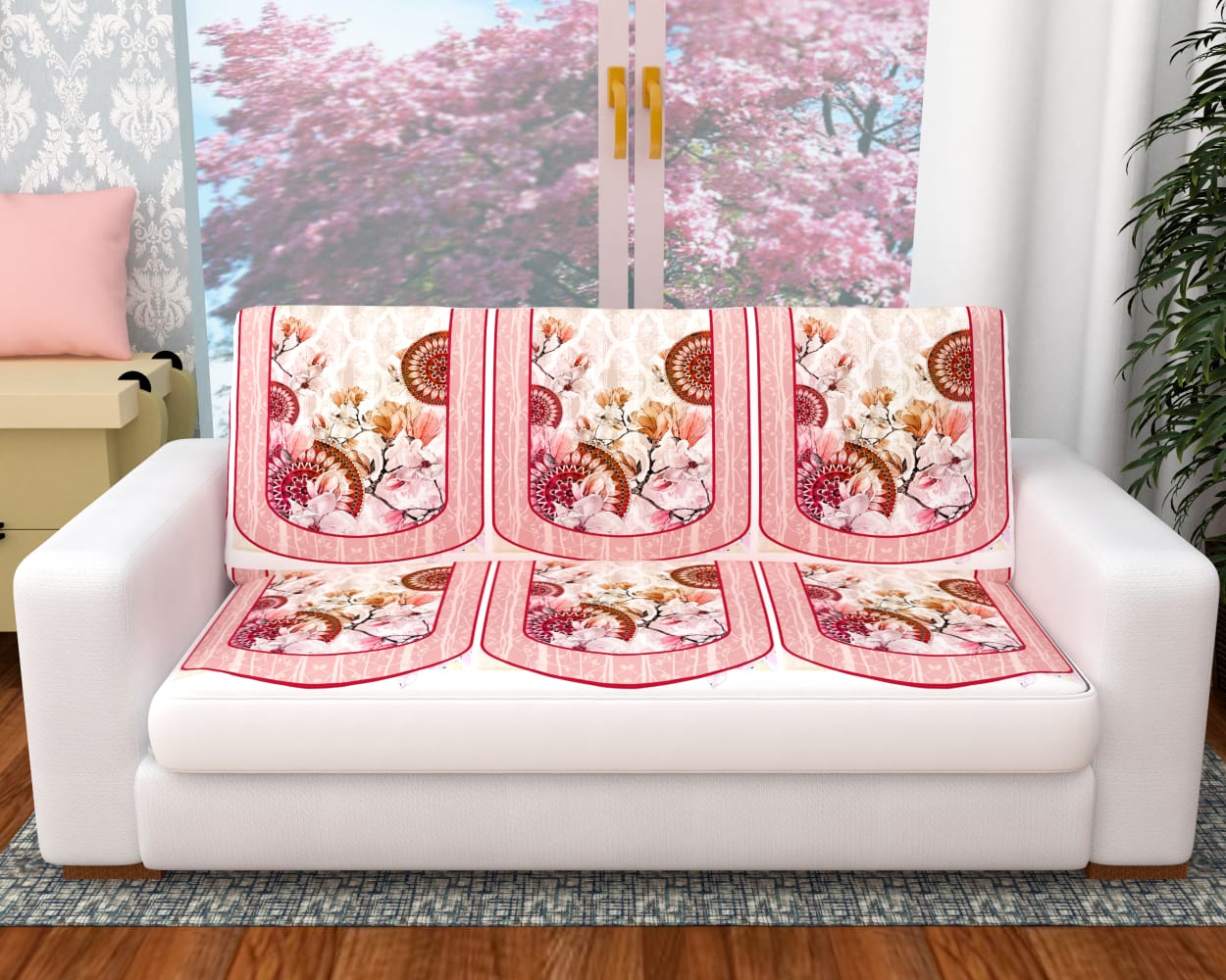 Nendle Velvet Digital Print 5 Seater Sofa Cover Set for Living Room (Light Pink, 6 Pieces)