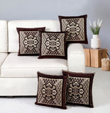 Nendle Jacquard Weaved Decorative Velvet Cushion Cover Set of 5 Pieces (Brown, 16x16 Inches)