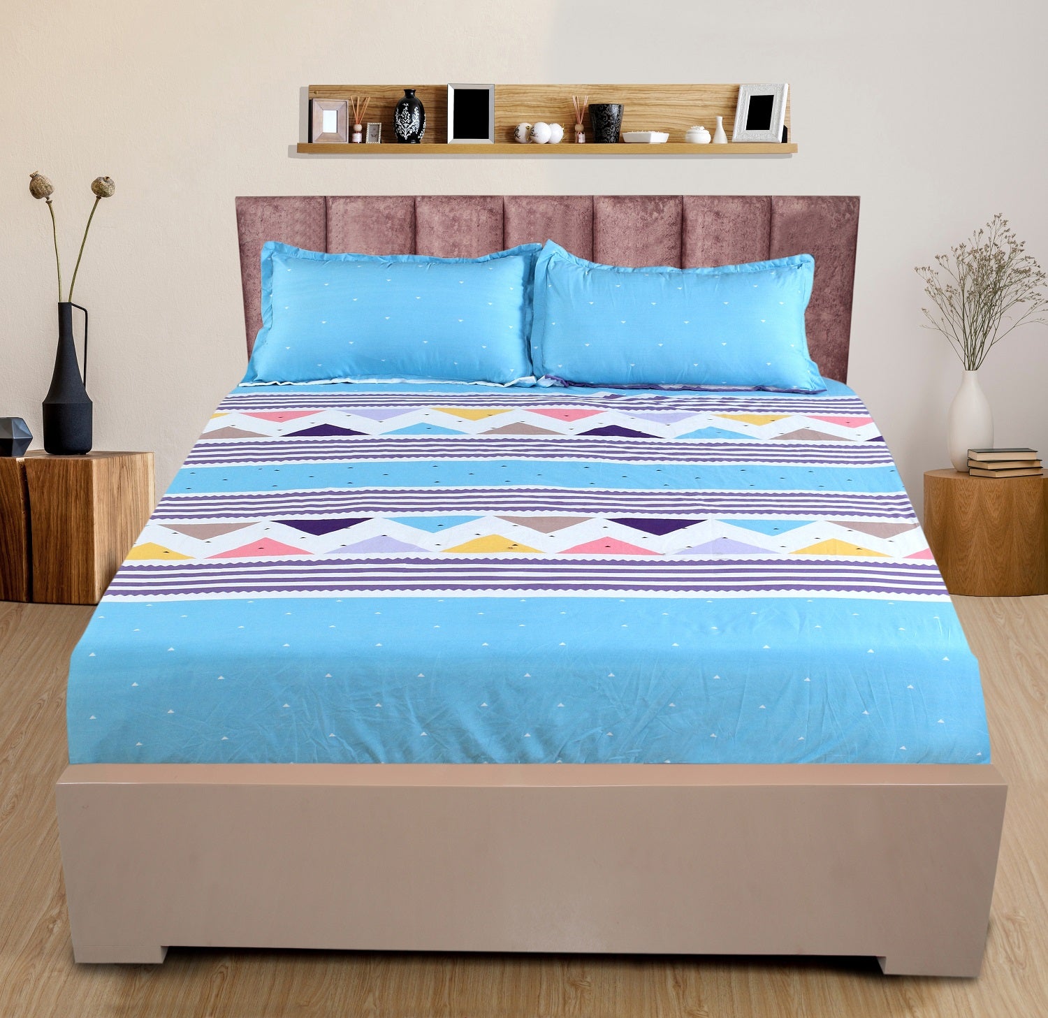 Nendle Elastic Fitted Microfiber 210TC Double Bedsheets King Size 78x72 Inches with 2 Pillow Covers (Fits Upto Mattress of 10 Inches, Blue)