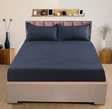 Nendle Elastic Fitted Stripe Pattern Microfiber 210TC Double Bedsheets King Size 78x72 Inches with 2 Pillow Covers (Fits Upto Mattress of 10 Inches, Navy Blue)